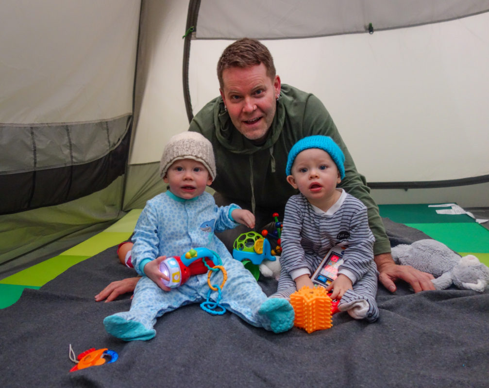 Father's Day morning in the tent with my cuties. Note the flashlight Colin is holding; he's ready for camping.