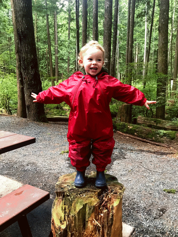 Addison standing on top of a tree stump.