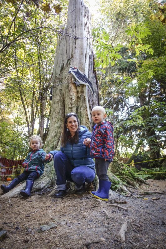 There's a cool tree that you can run around in the middle of the forest area – the kids and mommy.